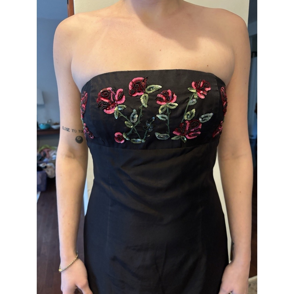 VTG NICOLE MILLER Black Strapless Maxi Dress Beaded Sequin Floral 6 Prom 90's - Picture 2 of 13